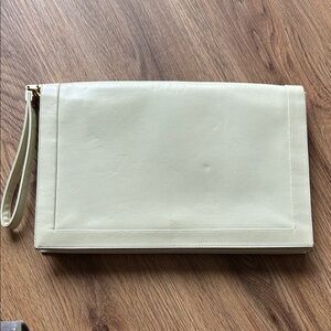 Vintage Ivory Leather Wristlet Clutch with Hidden Mirror